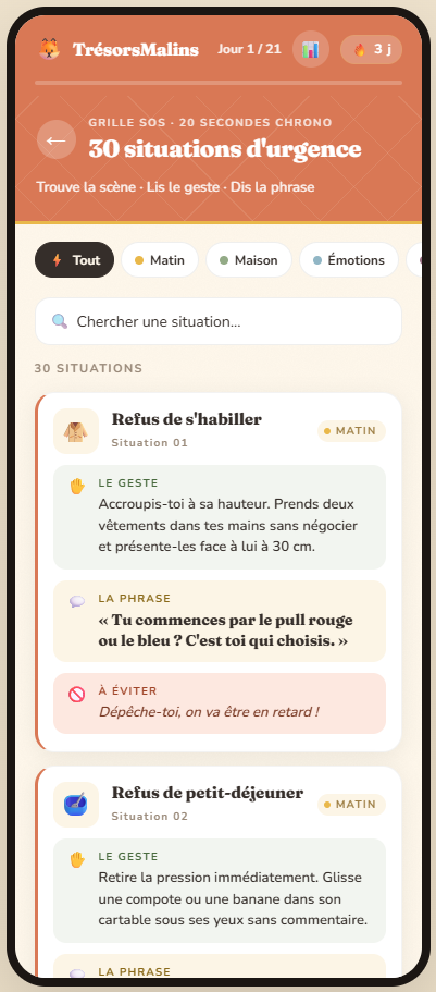 Grille SOS avec 30 situations d'urgence et leurs fiches phrase et geste