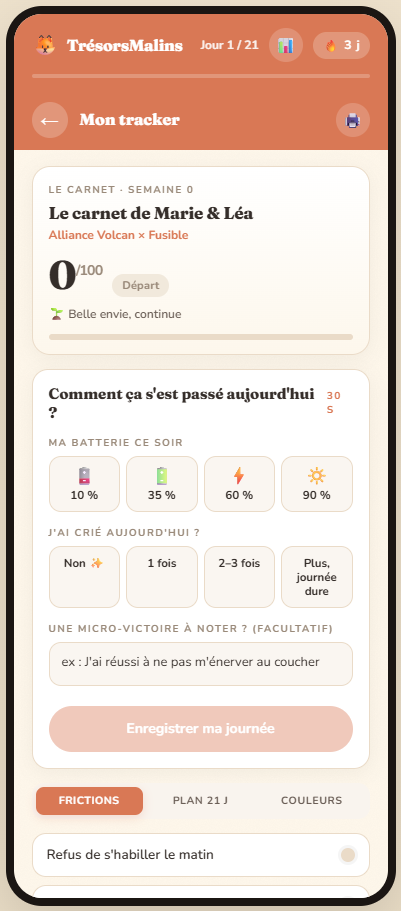 Tracker personnel avec le carnet du parent et le check-in du soir