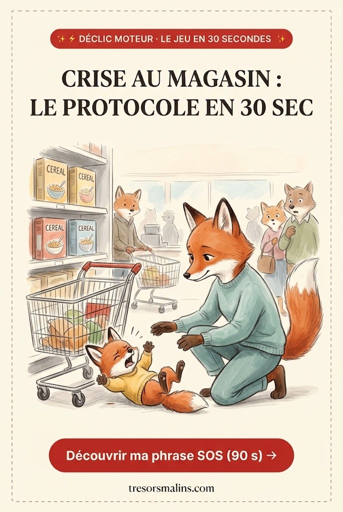 Illustration aquarelle gouache TrésorsMalins (Gérer une crise en public : urgence enfant) : un parent renard roux accroupi à hauteur d'yeux devant son petit renardeau (17h50. À la caisse du supermarché) pour apaiser le scandale public devant les bonbons de la caisse.