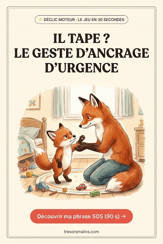 Illustration aquarelle gouache TrésorsMalins (Crise de colère enfant : gérer les tempêtes) : un parent renard roux accroupi à hauteur d'yeux devant son petit renardeau (17h45. Dans la chambre de jeu) pour apaiser les coups et gestes physiques sous la colère.